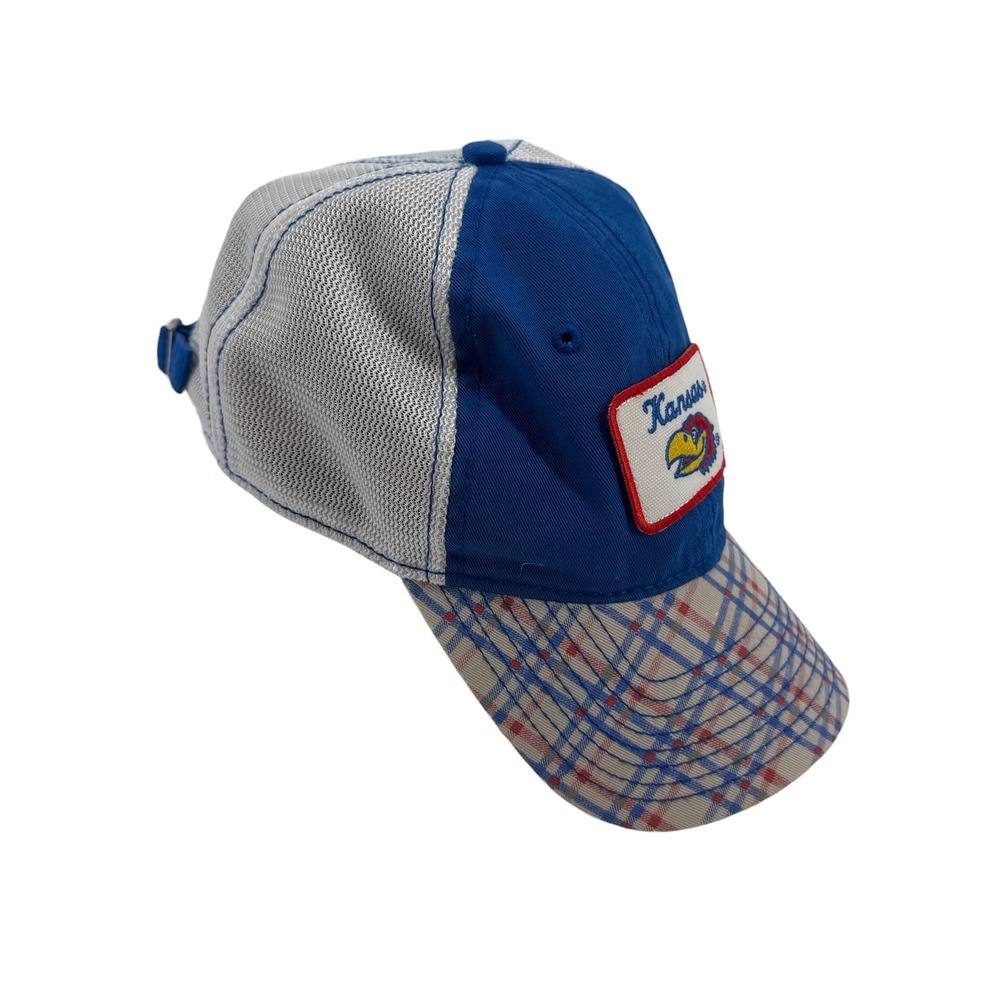 NCAA Kansas Jayhawks Trucker Hat Blue Plaid Brim Mesh Back Signatures Adjustable - Picture 3 of 7
